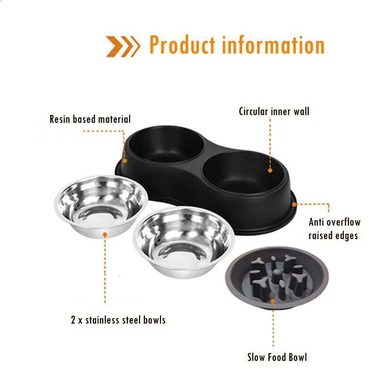 3 In 1 Triple Dog Removable Stainless Steel Pet Slower Bowl Anti-choking Food Water Feeder For Dogs Cat Accessories 240802 26W0330