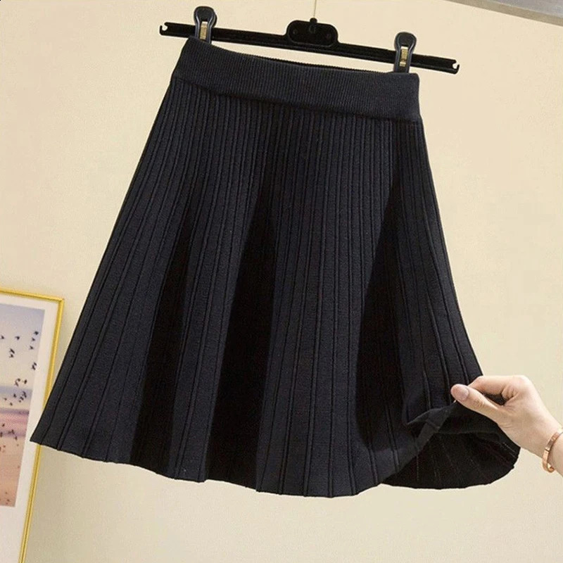 Vintage Knitted Mini Skirts Women High Waist Sweater Pleated Skirt Winter Streetwear Korean Solid All Match A Line Skirts 240802
