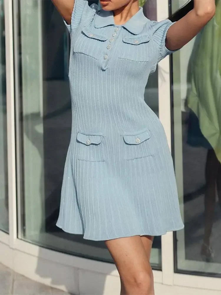Fashion Solid Slim Ruffles Hem Knitted Mini Dress Women Chic Lapel Short Sleeves Shinny Short Dresses Autumn Lady Wear 240802