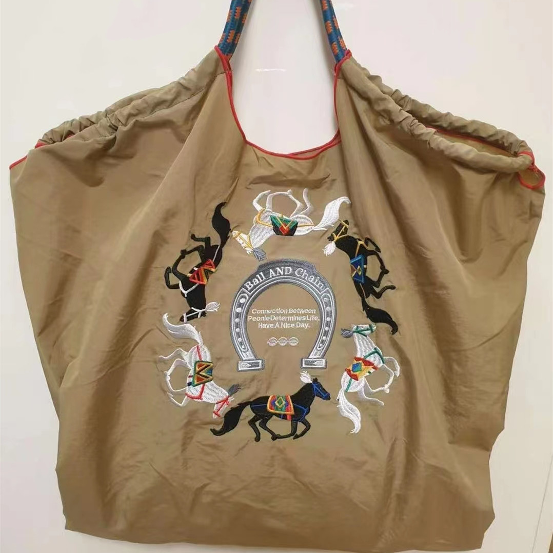 Horse Embroidery Women Shoulder Bag Eco Bag Designer Bags for Women Ball Shopper Purses Rope Handle Tote Handbag Nylon Hobos New
