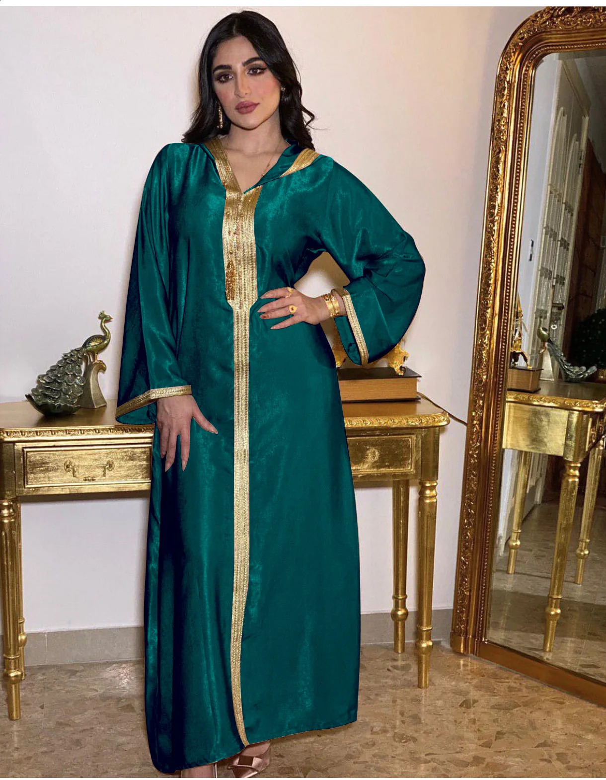 Women Ramadan Clothing Arabic Muslim Abaya Saudi Turkish Islamic Party Dress V Neck Long Sleeve Moroccan Kaftan Hooded Robe 240802