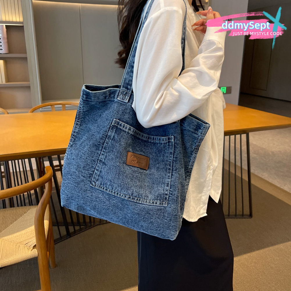 Women Shoulder Large Capacity Denim Tote Solid Color Clutch Simple Female Commuter Handbag Crossbody Bag H7.3#27 ddmySept