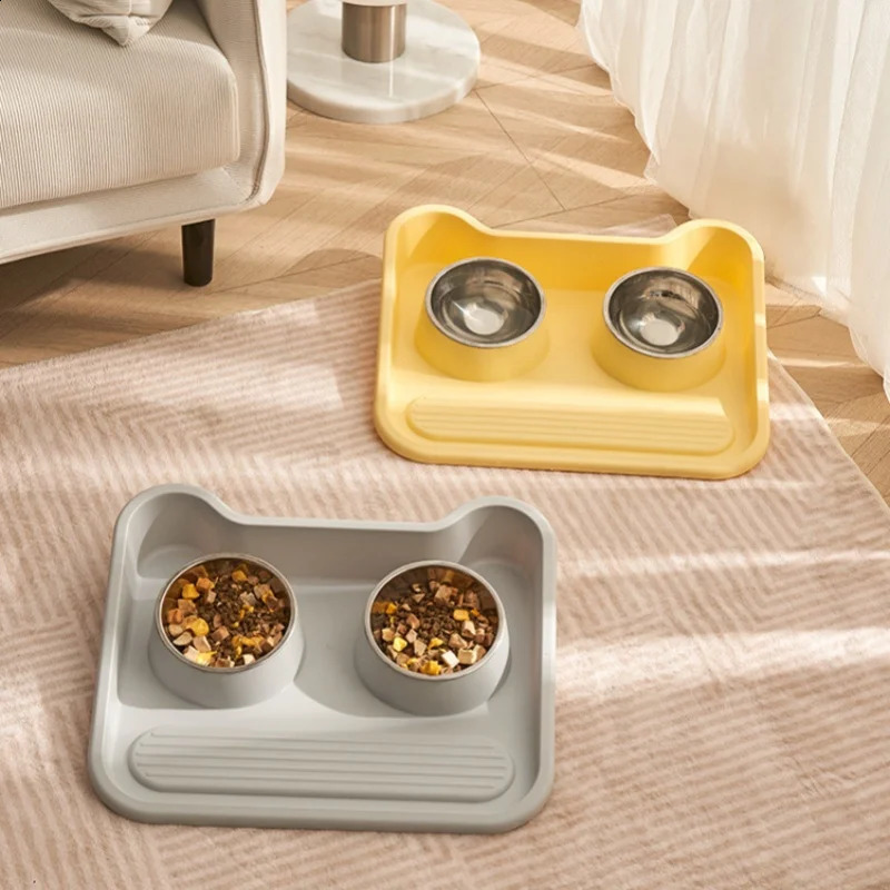 Cats dogs and neck protection leak proof stainless steel tilted double bowl food utensils pet products 240802 26W0330