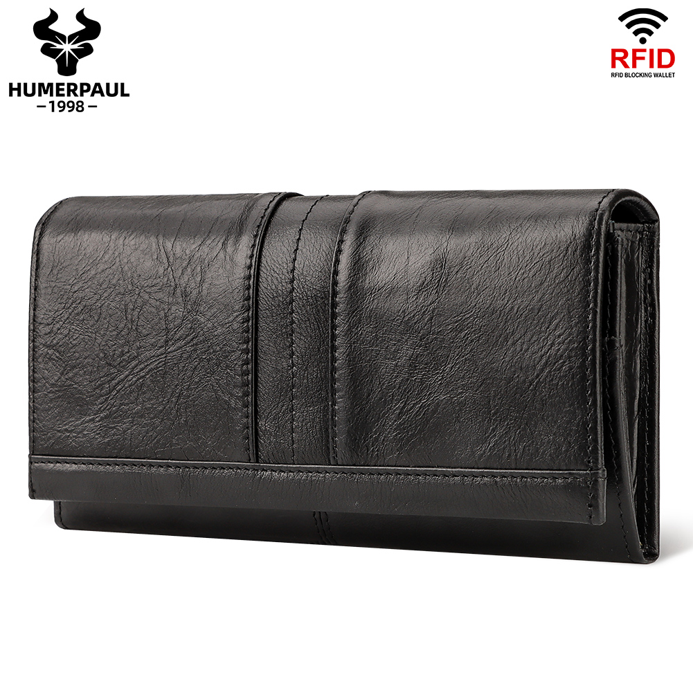 Genuine Leather Men Wallet Long Clutch Bag Fashion Purse Phone Pocket For Women Credit Card Holder With Rfid Blocking Function
