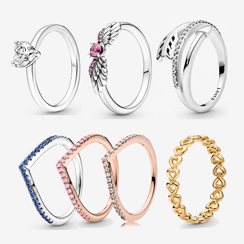 925 Sterling Silver Rose Gold Pink Angel Wing Wishbone Sparkling Heart Solitaire Ring For Women Engagement Wedding Free Shipping