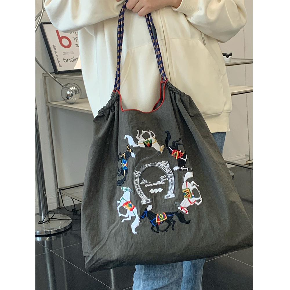 Horse Embroidery Women Shoulder Bag Eco Bag Designer Bags for Women Ball Shopper Purses Rope Handle Tote Handbag Nylon Hobos New