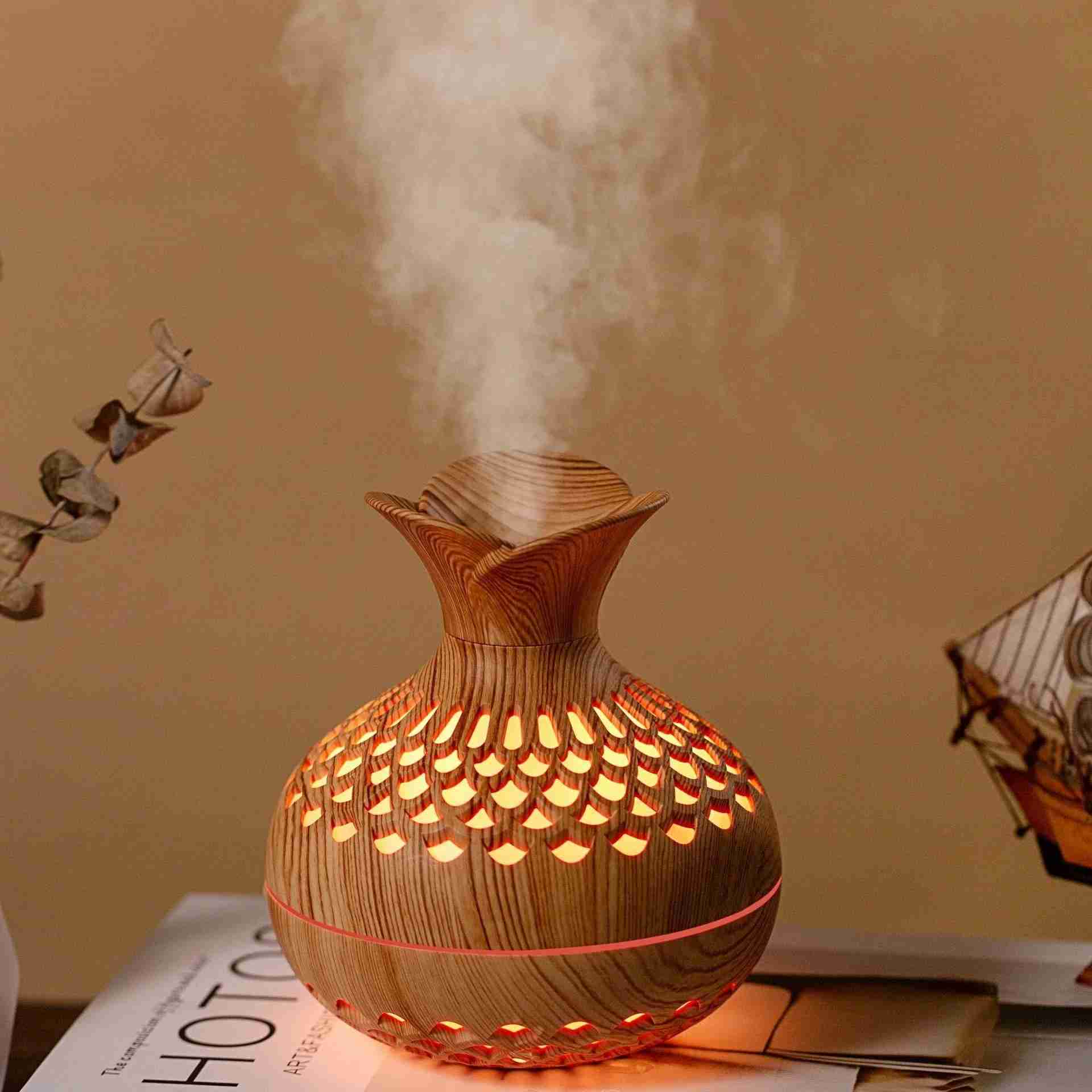 New vintage elegant creative wood grain flower humidifier USB mini silent home office desktop colorful wisp empty aroma diffuser Y240806
