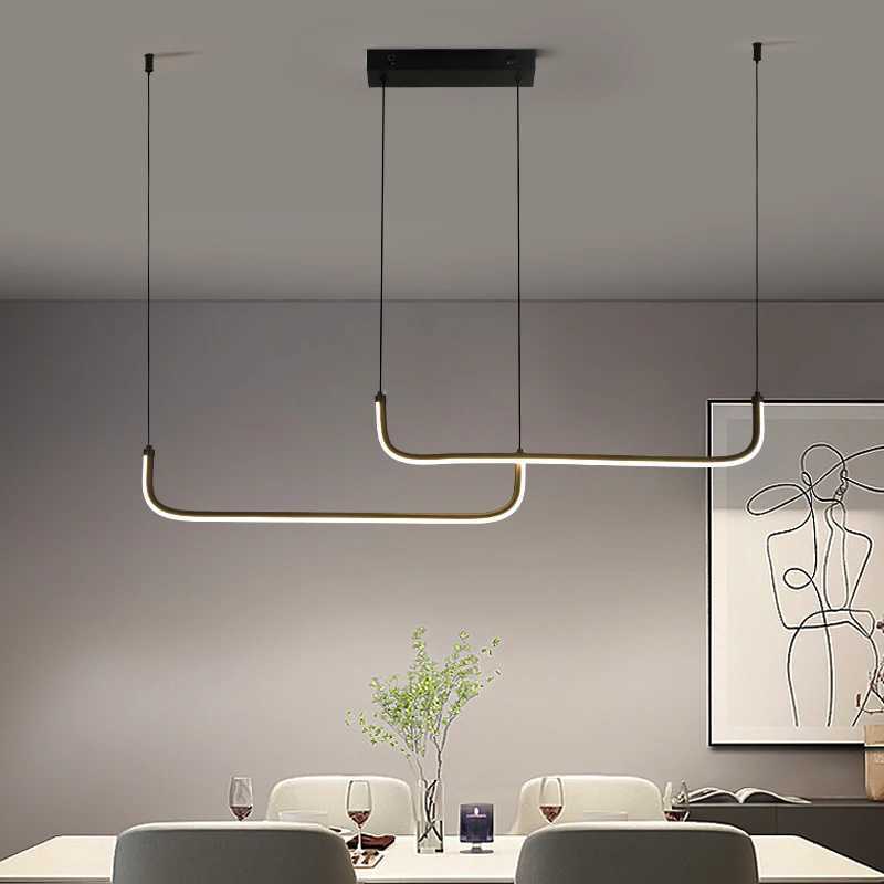Modern Minimalist LED Pendant Light Fixture For Dining Room Adjustable Height Black Linear Hanging Lamp For Kitchen Living RoomM240731
