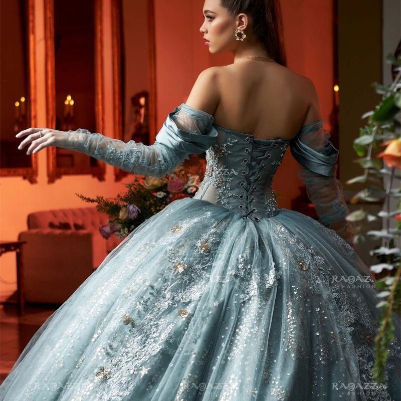 Water Blue Shiny Quinceanera Dresses Crystal Ball Gown Off the Shoulder Giltter Sequins Applique Lace Beads Princess Sweet 16 Dress Vestido 15 De Anos