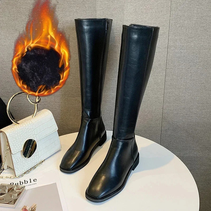 Winter Cotton Women Knee High Boots Fashion Zippers Ladies Elegant Low Heel Long Booties Winter Soft Leather Womens Footwear 250227
