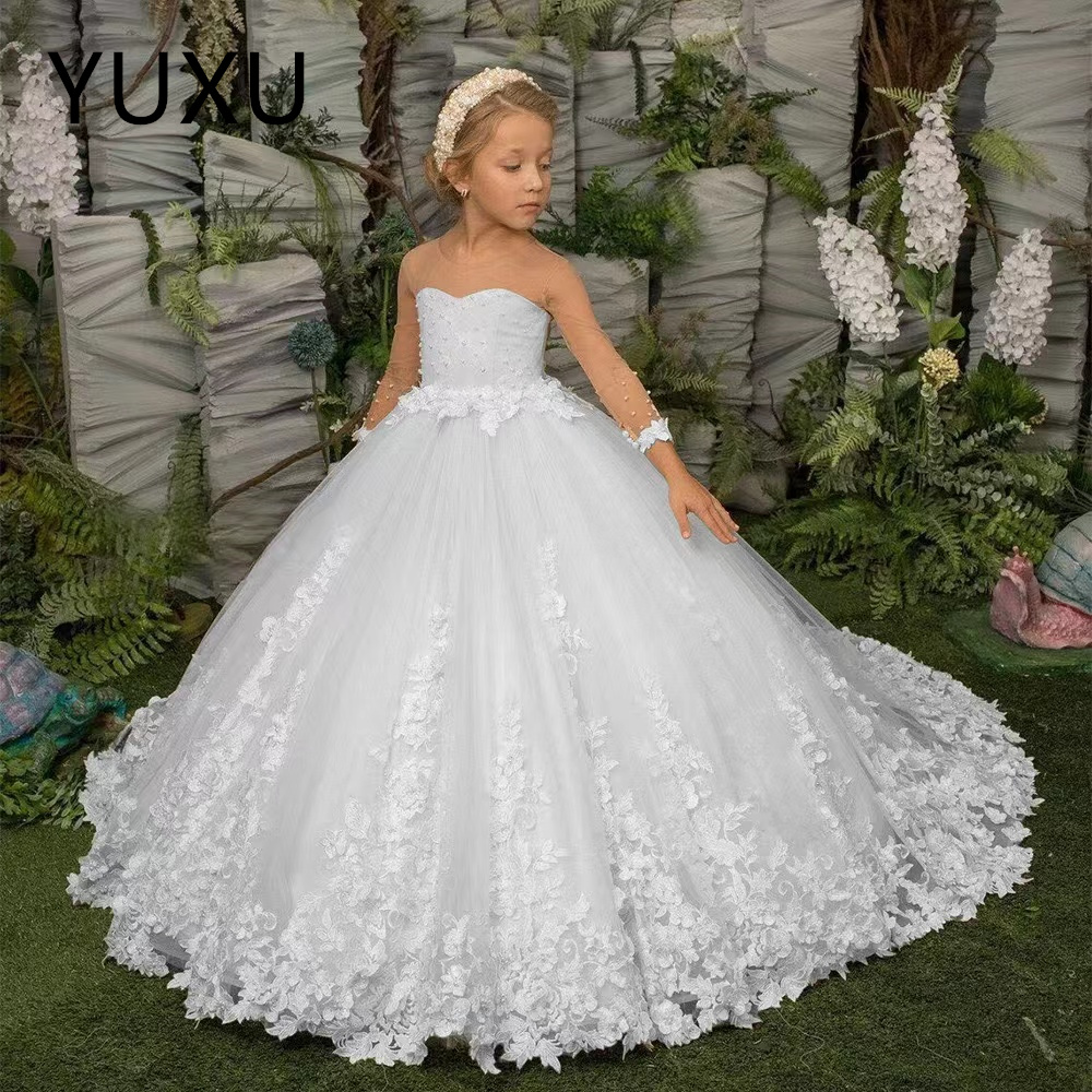 White Puffy Lace Beads Wer Girl Drees Bow Tulle Long Sleeves Baby Kids Formal Birthday Party Gowns Prince Todder Long Train First Communion Wedding
