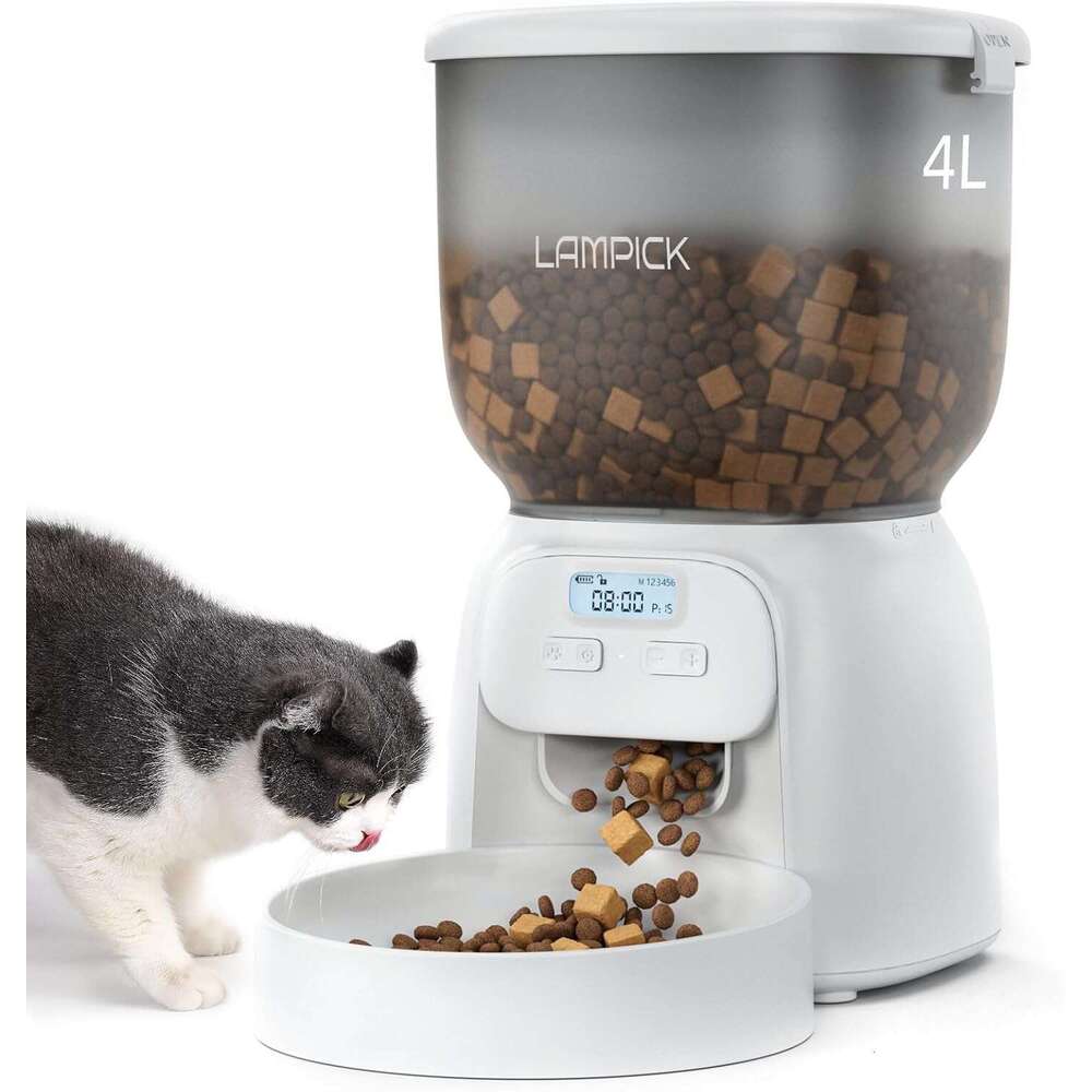 Automatic Cat Feeder, 4L Detachable Cat Food Dispenser for Dry Food Up to 15 Portions(8g/Portion) 6 Meals Per Day, Dual Power Supply Timed Cat Feeders