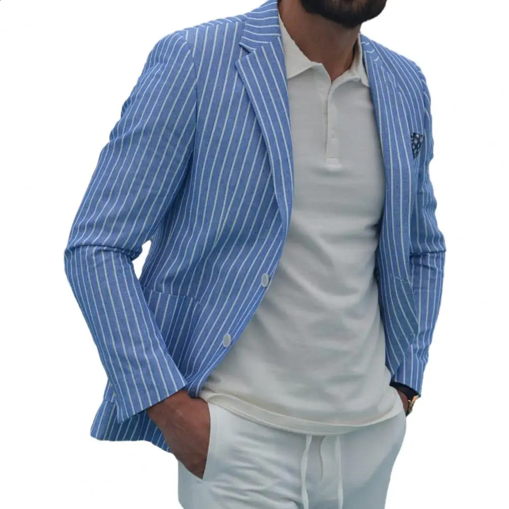 Striped Print Suit Jacket Men Lapel Long Sleeve Suit Coat Business Formal Blazer Summer Suit Coat Breathable Male Jacket 240802