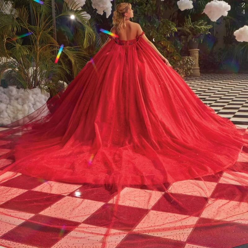 Red Shiny Princess Quinceanera Dresses Off Shoulder Applique Lace Beading Tull With Cape Corset Sweet 16 Birthday Party Gown Vestidos 15 De Anos