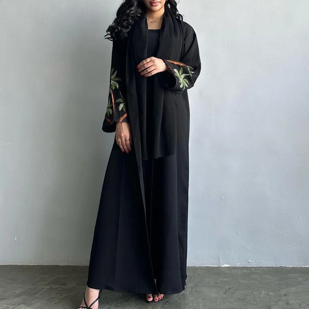 2024 Black Casual Open Kimono Abaya For Muslim Women Ramadan Eid Jalabiya Embroidery Long Sleeve African Moroccan Robe 240802