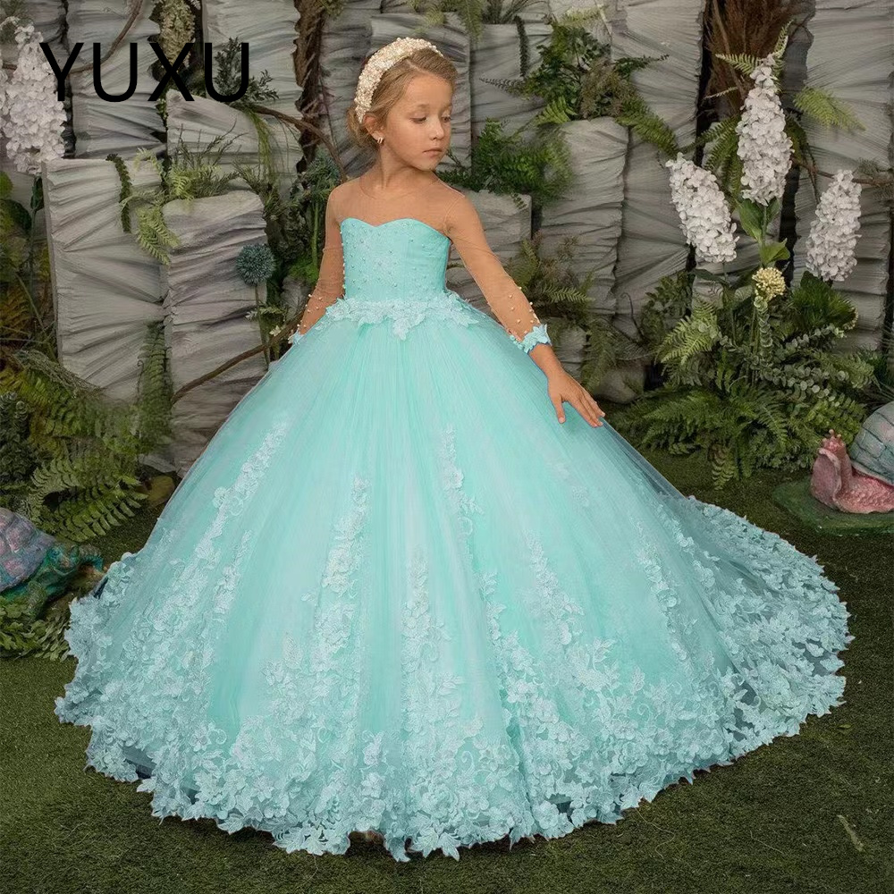 White Puffy Lace Beads Wer Girl Drees Bow Tulle Long Sleeves Baby Kids Formal Birthday Party Gowns Prince Todder Long Train First Communion Wedding