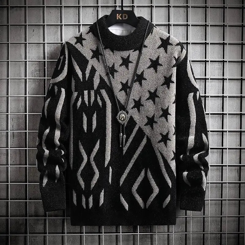 Autumn/Winter Mens Round Neck Sweater Printed Long Sleeve Thick Knitted Fashionable Full Matching Sole240802