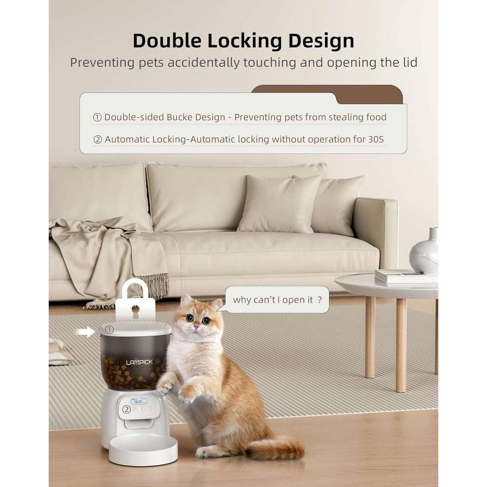 Automatic Cat Feeder, 4L Detachable Cat Food Dispenser for Dry Food Up to 15 Portions(8g/Portion) 6 Meals Per Day, Dual Power Supply Timed Cat Feeders