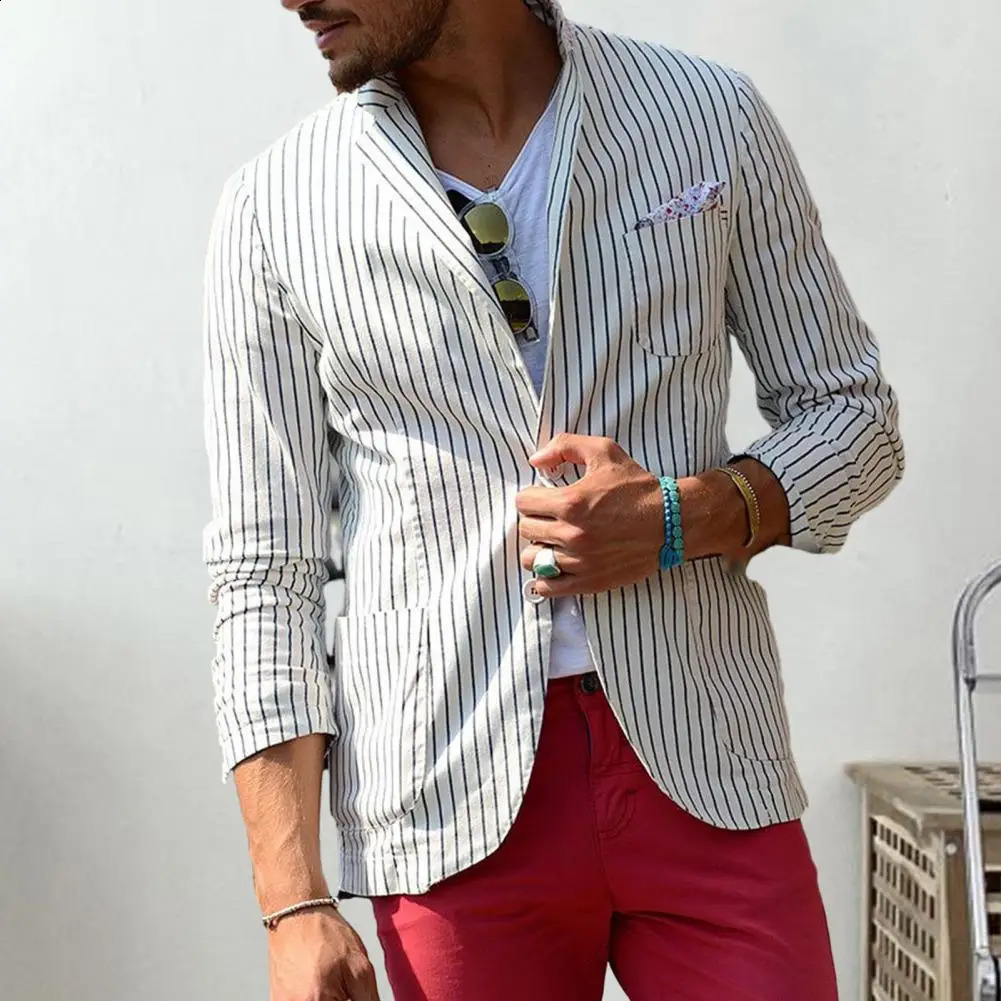 Striped Print Suit Jacket Men Lapel Long Sleeve Suit Coat Business Formal Blazer Summer Suit Coat Breathable Male Jacket 240802