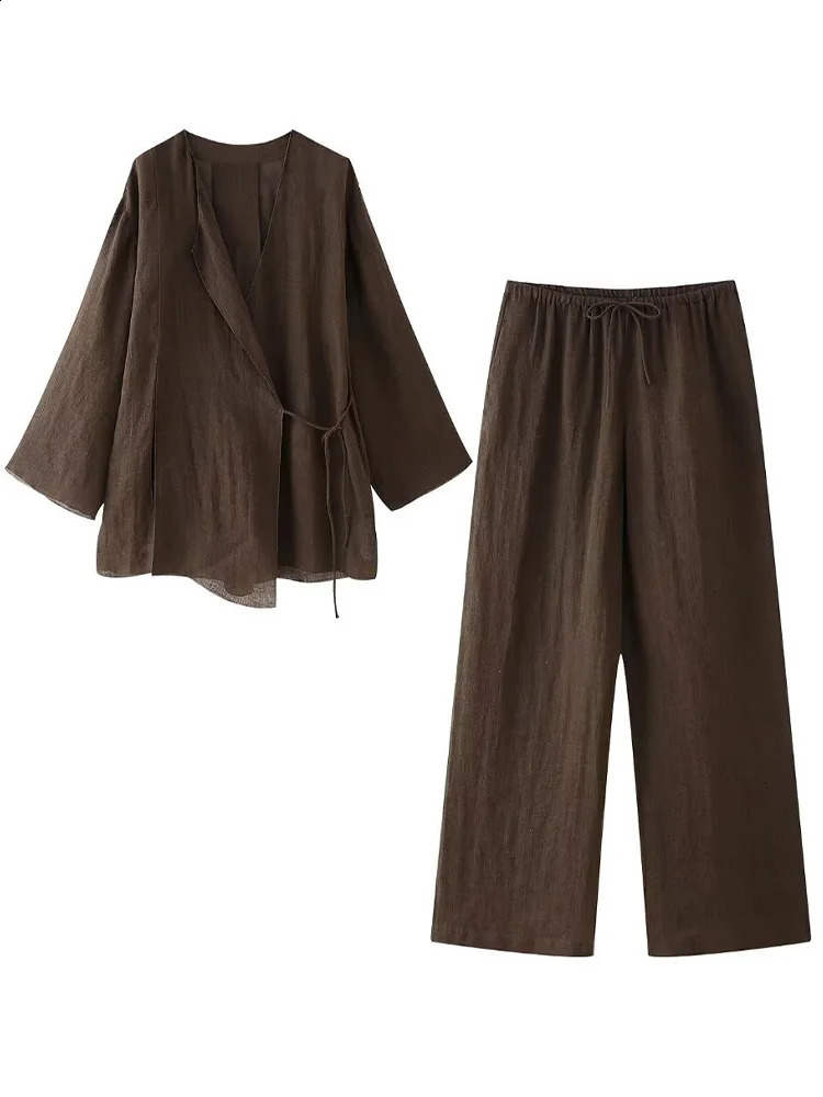 Willshela Womens Fashion 2-piece Solid Lace Shirt and Retro Elastic Waist Trouser Womens Fashion Womens Pants Set 241230