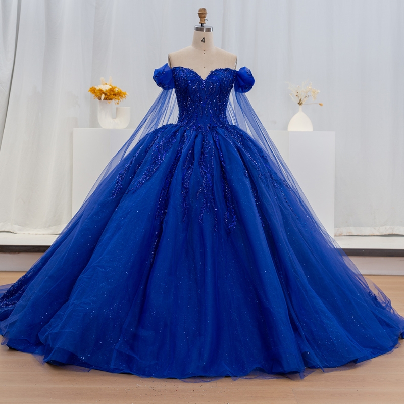 Royal Blue Quinceanera For Sweet 16 Off The Shoulder Sequined Lace Beaded Crystal Tull Graduatin Party Prom Dress vestidos de 15 anos