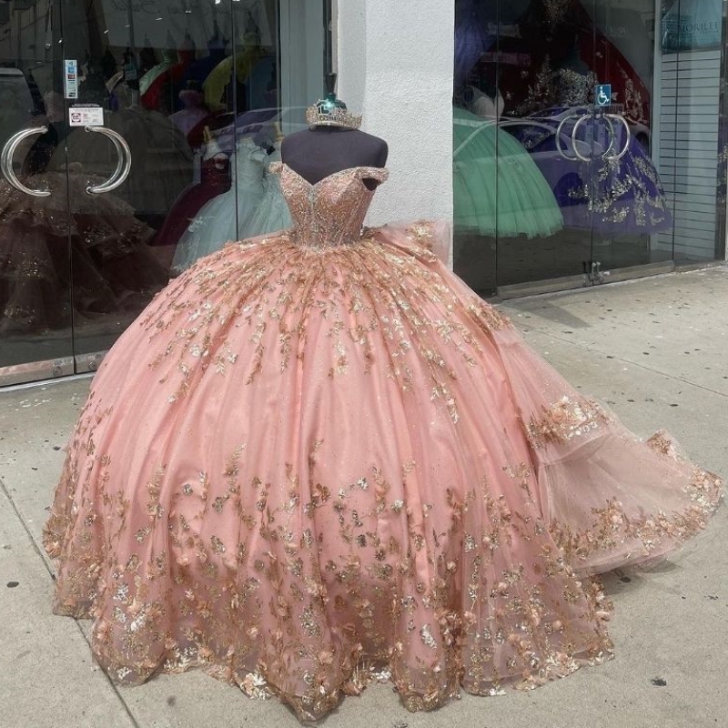 Pink Shiny Quinceanera Dresses Ball Gowns Beaded Sequin Gold Applique Lace Tull Prom Sweet 16 Princess Party Formal Birthday Dress Vestidos De 15 Anos