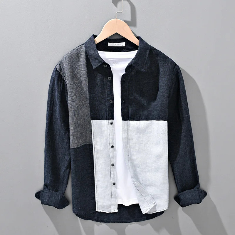 Summer fashion mens linen long sleeved thin collar fashion patch work breathable and healthy Harajuku casual loose day flat top240802