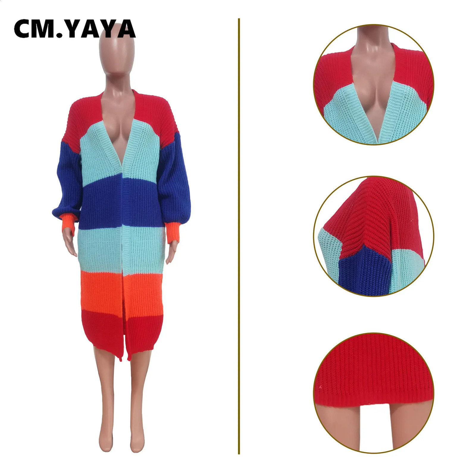 CM.YAYA Elegant Women Knit Ribbed Patchwork Long Sleeve Open Stitch Slim Cardigan Sweater Thick Warm Oversized Sweaters Outwear 240802