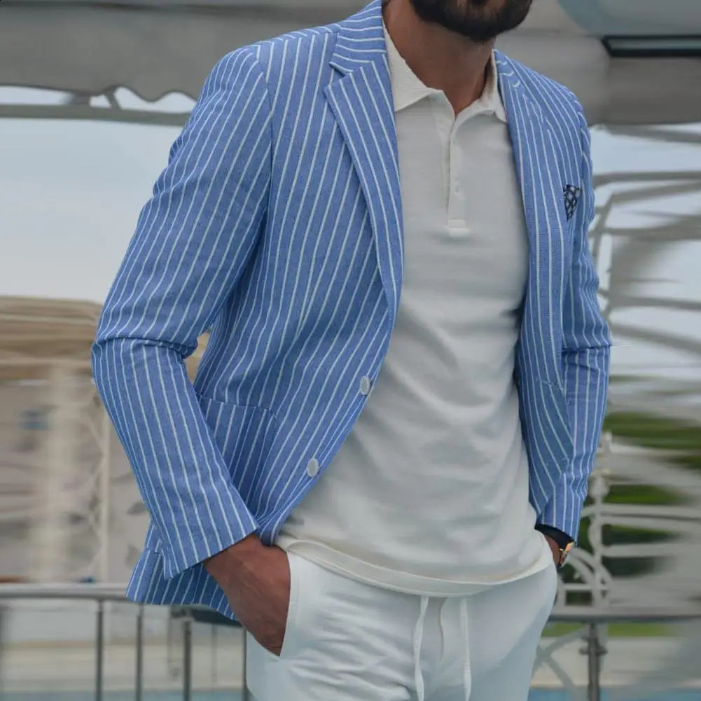 Striped Print Suit Jacket Men Lapel Long Sleeve Suit Coat Business Formal Blazer Summer Suit Coat Breathable Male Jacket 240802