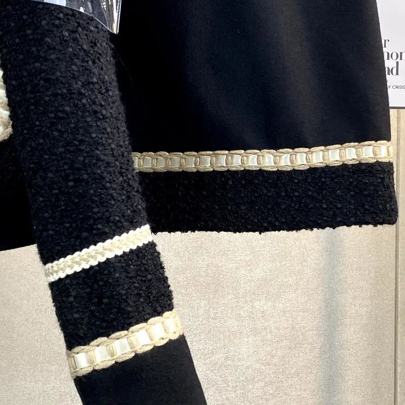 Winter Vintage Small Fragrant Black Tweed Coat Woolen Jacket Two Suit Wrap Hip Mini Skirts Dress Sets Fashion Clothes Women 240729
