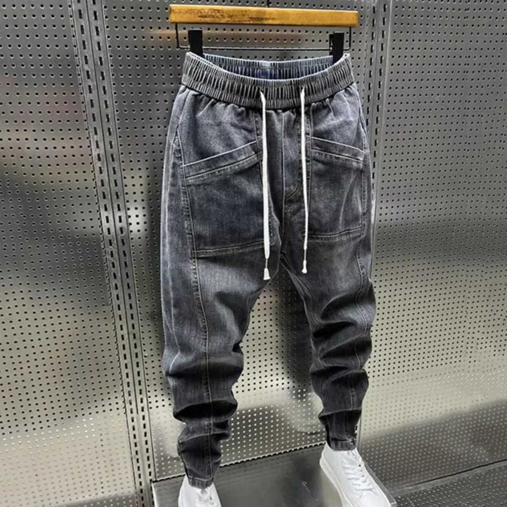 Commodity harem mens clothing spring and autumn mens clothing jeans fashionable drawstring pockets denim pants solid color casual multi pocket mens cl