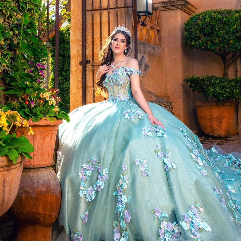 Light Green Shiny Princess Quinceanera Dresses Ball Gown Off The Shoulder Lace Applique Beading Tull Corset Sweet 16 Dress Vestido 15 De Anos