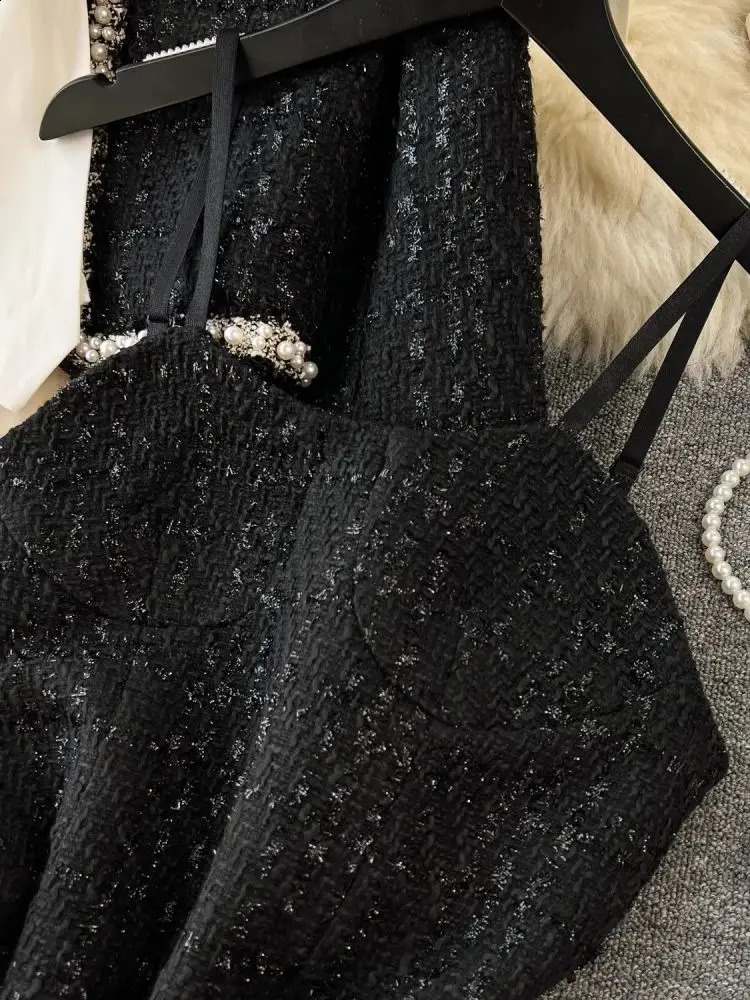 Winter Black Woolen 3 Piece Dress Set Womens Spaghetti Strap Beading Pearls Tweed Mini Vestidos Short Jacket Coat Scarf 240729