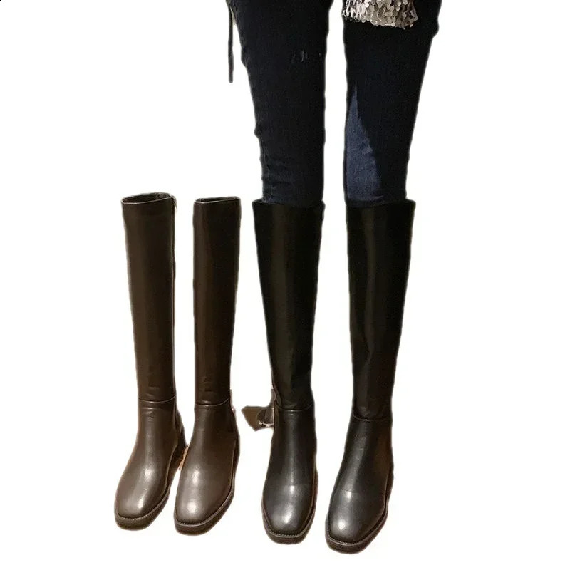 Winter Cotton Women Knee High Boots Fashion Zippers Ladies Elegant Low Heel Long Booties Winter Soft Leather Womens Footwear 250227