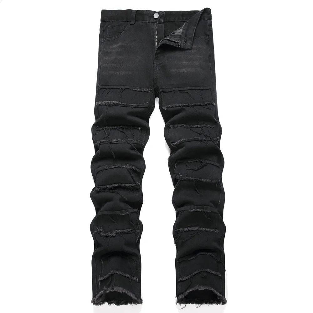 street fashion mens loose bicycle jeans mens hip-hop patchwork hole motorcycle straight jeans240802