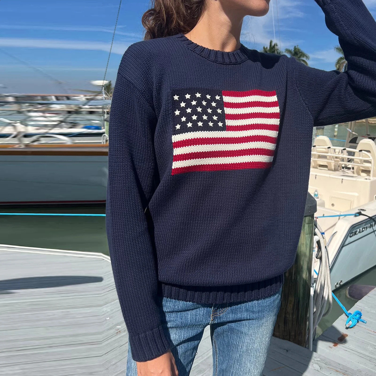 Womens Loose Knit Sweaters Long Sleeve Flag Patterned Long Sweaters Round Neck Ribbed Loose Knitted Tops Pullovers 240802
