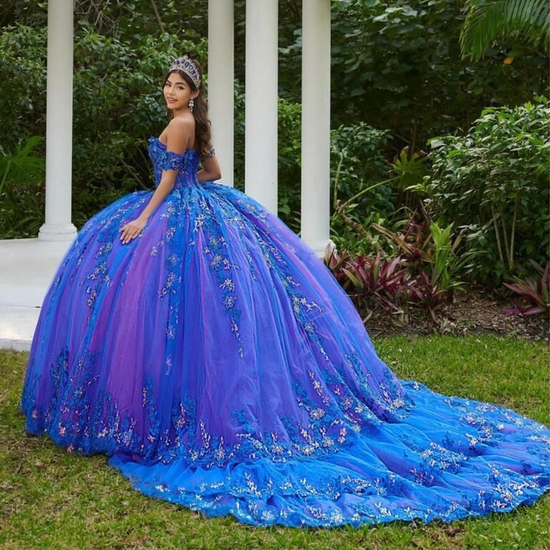 Royal Blue Quinceanera Dresses For Sweet 16 Sequined Applique Lace Beaded Tull Graduatin Party Birthday Dress vestidos de 15 anos