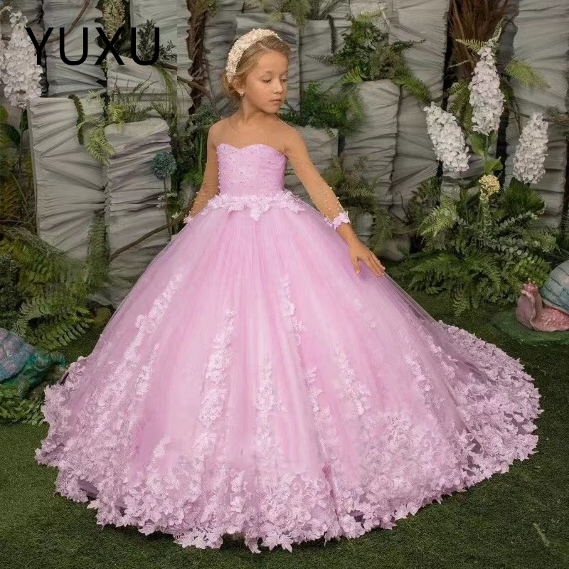 White Puffy Lace Beads Wer Girl Drees Bow Tulle Long Sleeves Baby Kids Formal Birthday Party Gowns Prince Todder Long Train First Communion Wedding