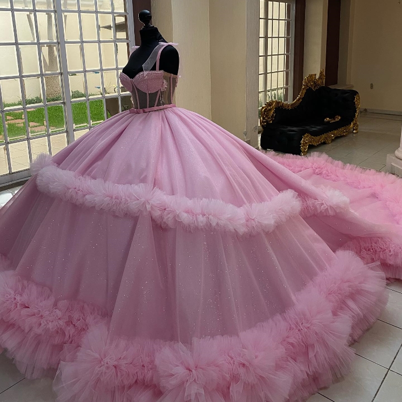 Pink Shiny Quinceanera Dresses Appliques Beading Crystal Tull Tired Off the Shoulder Princess Ball Gown For Sweet 16 Vestidos De 15 Anos