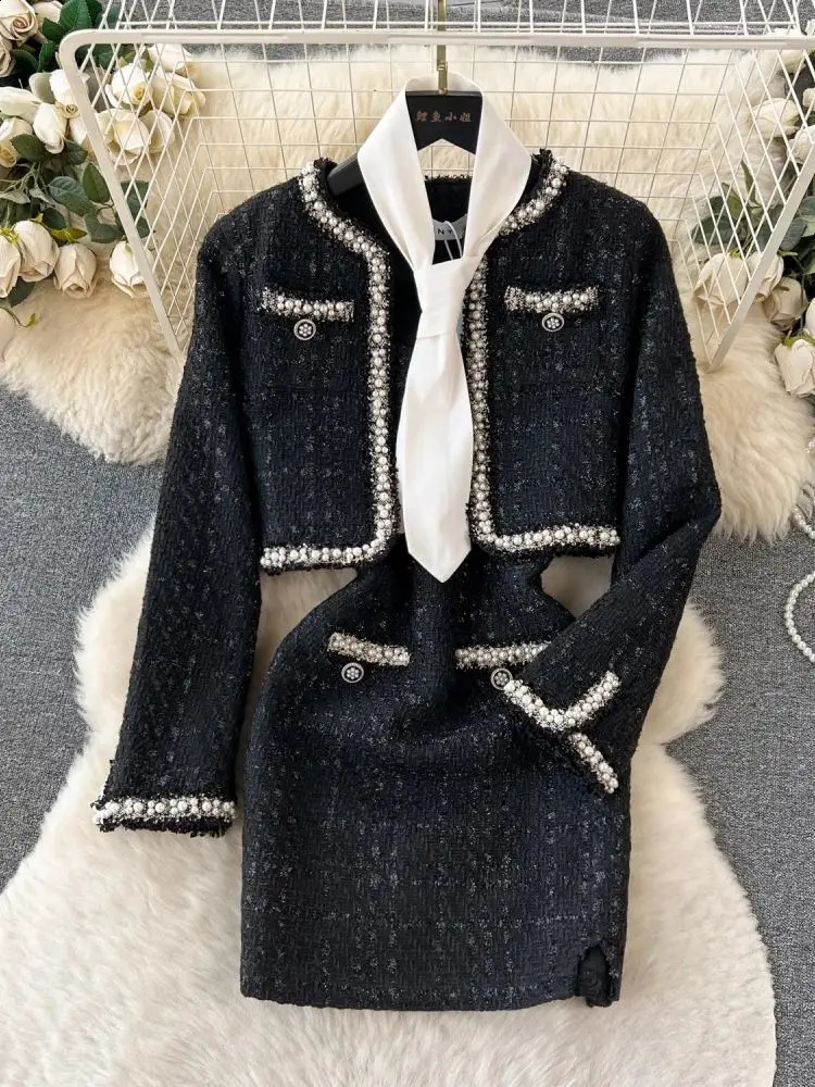 Winter Black Woolen 3 Piece Dress Set Womens Spaghetti Strap Beading Pearls Tweed Mini Vestidos Short Jacket Coat Scarf 240729
