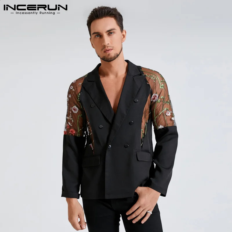 Men Blazer Mesh Patchwork See Through Streetwear Double Breasted Lapel Long Sleeve Outerwear Fashion Men Casual Suits INCERUN 240802