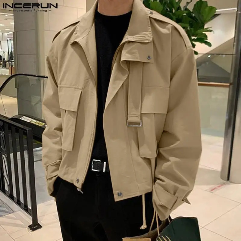 Men Jackets Solid Color Lapel Long Sleeve Pockets Zipper Casual Male Cargo Coats Streetwear Fashion Outerwear S-5XL INCERUN 240802