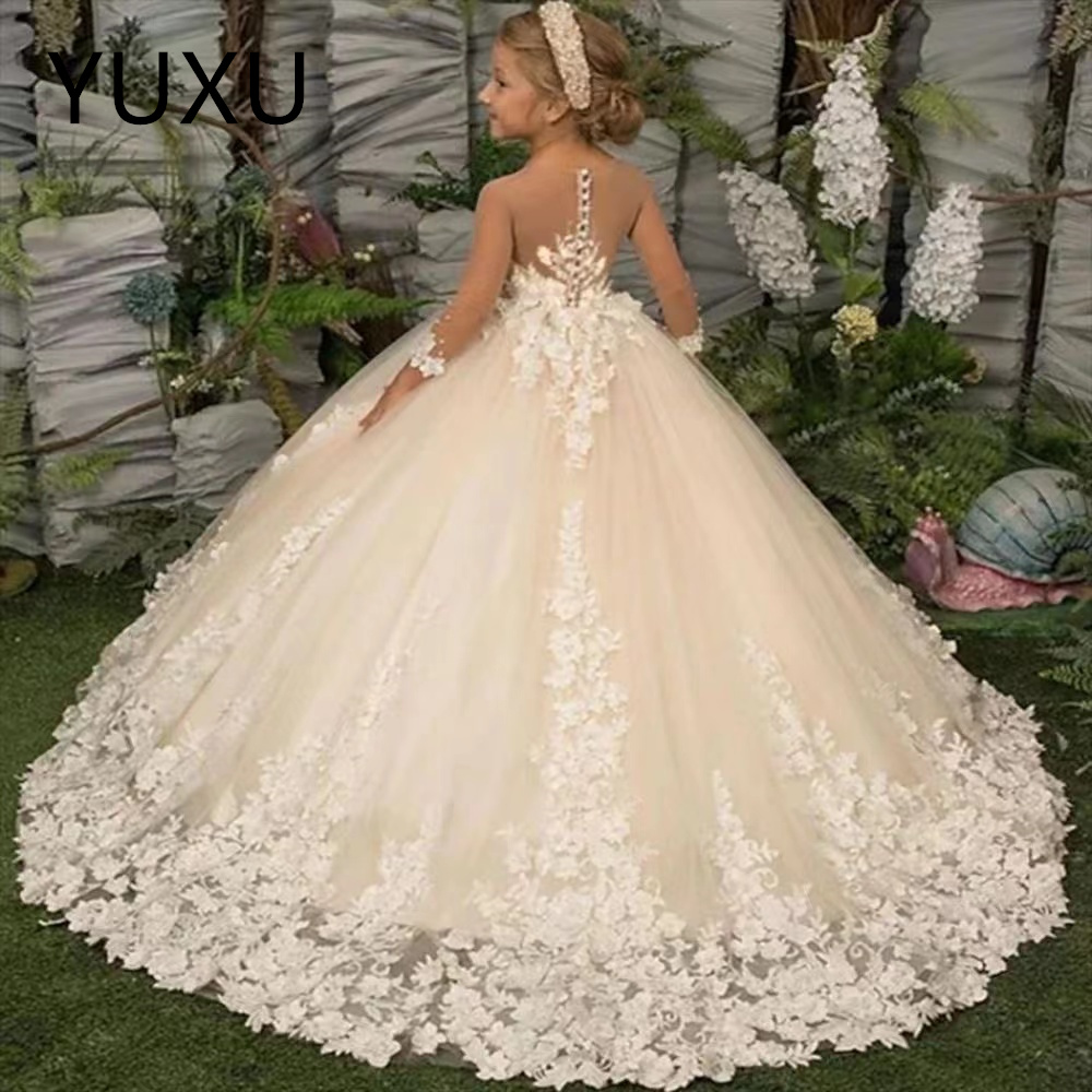 White Puffy Lace Beads Wer Girl Drees Bow Tulle Long Sleeves Baby Kids Formal Birthday Party Gowns Prince Todder Long Train First Communion Wedding