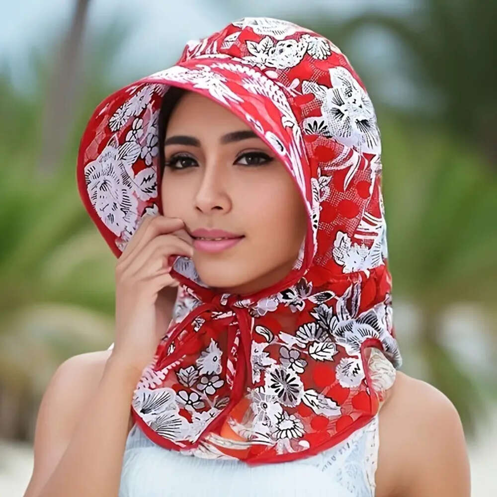 Breathable Print Floral UV Protection Sun Hat Flower garden working Sunscreen Cap Wide Brim Neck Guard beack Hiking Women Hats