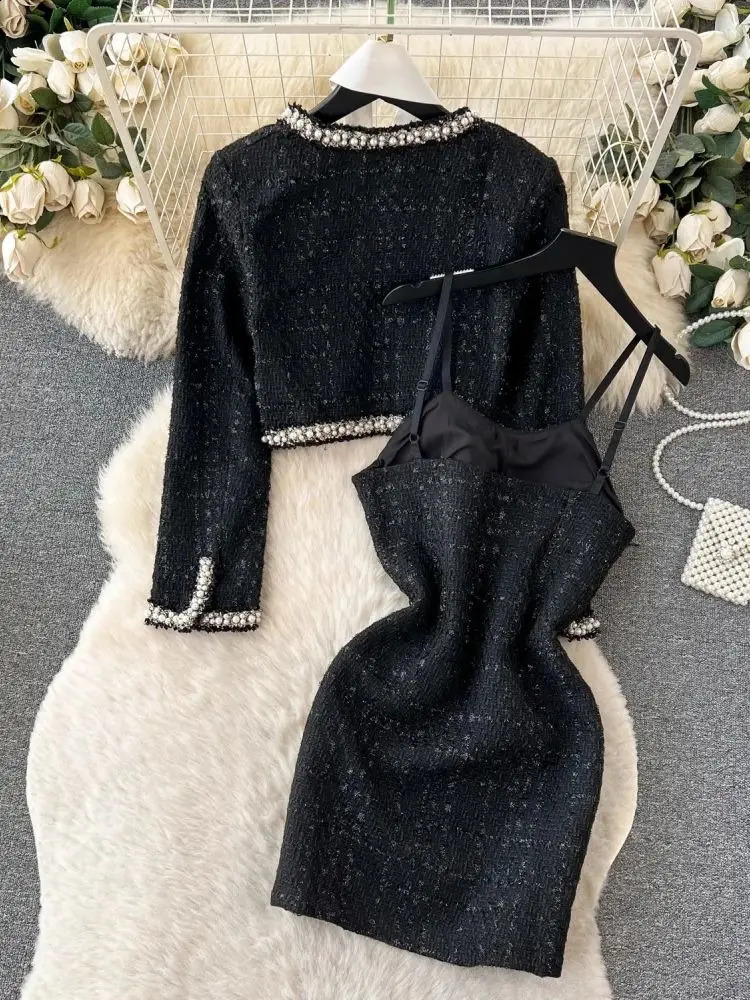Winter Black Woolen 3 Piece Dress Set Womens Spaghetti Strap Beading Pearls Tweed Mini Vestidos Short Jacket Coat Scarf 240729