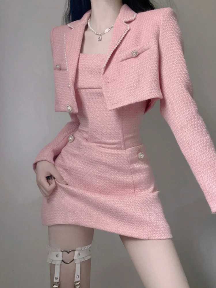 Pink Sweet Sleeveless DressCardigan Tweed 2piece Set Women Turn Down Collar Crop Jacket Korean Y2k Suit Elegant Clothing 240729