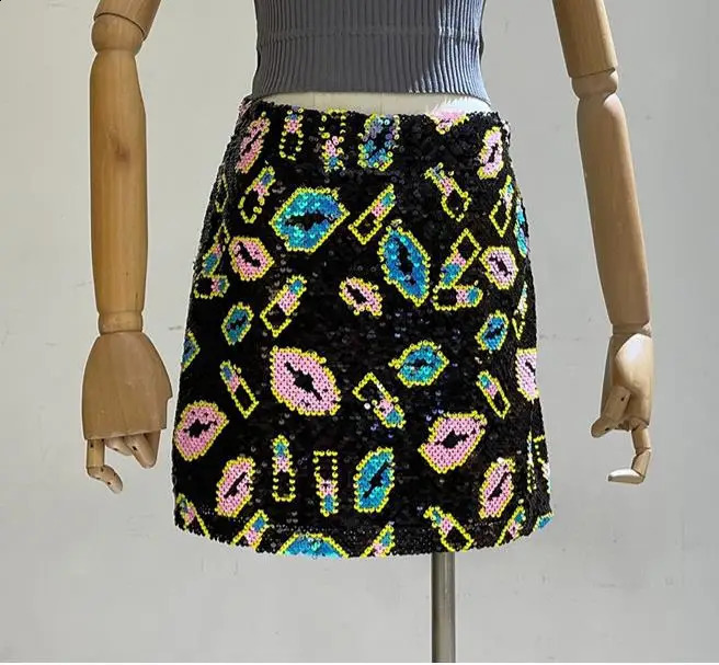 lipstick embroidery skirts women fashion sequined mini skirts woman hippie skirts sequin skirt women 240802