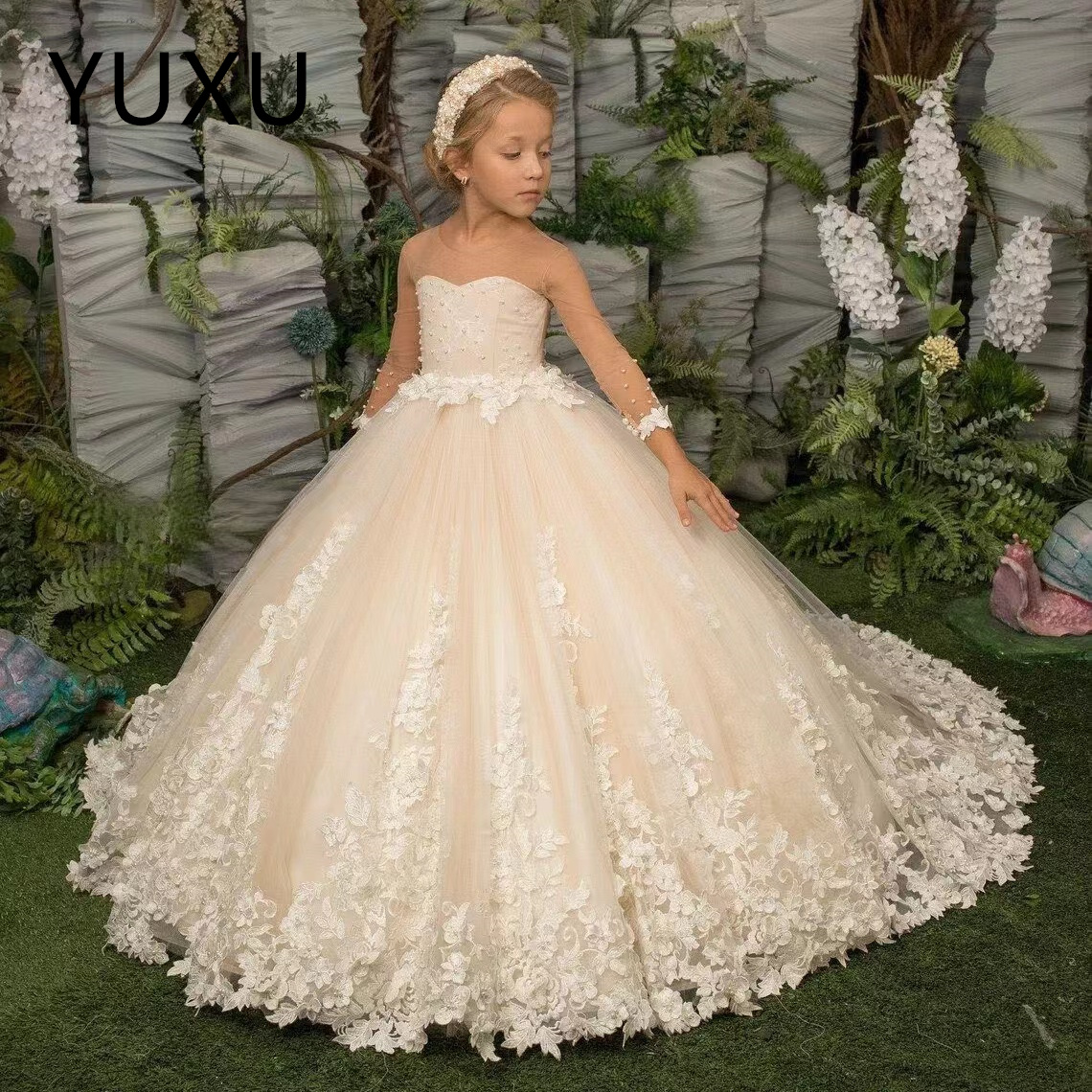 White Puffy Lace Beads Wer Girl Drees Bow Tulle Long Sleeves Baby Kids Formal Birthday Party Gowns Prince Todder Long Train First Communion Wedding