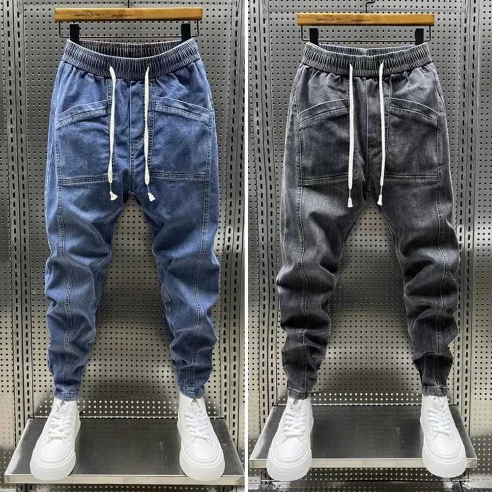 Commodity harem mens clothing spring and autumn mens clothing jeans fashionable drawstring pockets denim pants solid color casual multi pocket mens cl