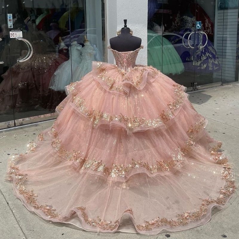 Pink Shiny Quinceanera Dresses Ball Gowns Beaded Sequin Gold Applique Lace Tull Prom Sweet 16 Princess Party Formal Birthday Dress Vestidos De 15 Anos